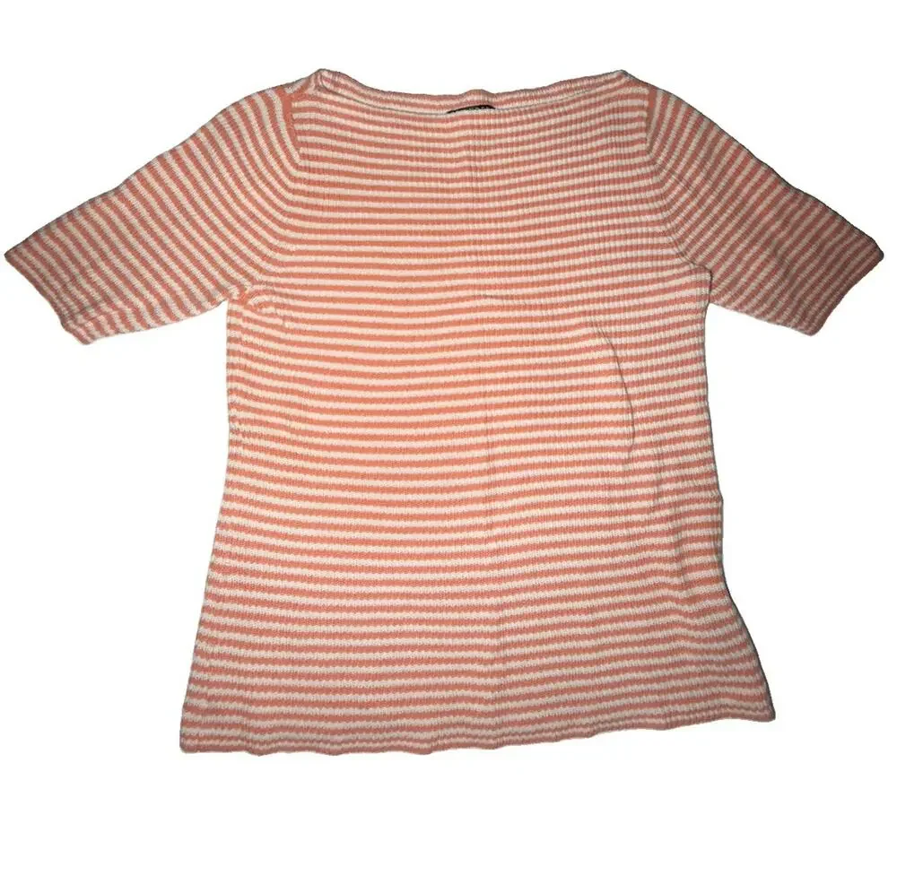 Lauren Ralph Lauren Orange Women’s White Striped Cotton Knit Sweater Top Large